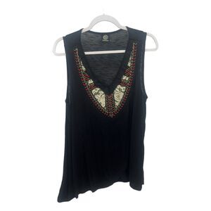Bodeau Black Sleeveless V-Neck Top Embroidered Lace Detail Size L
